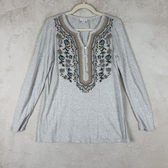 J. Jill Tops - J. Jill Womens Grey Heathered Embroidered Long Sleeve Henley Top Small Boho